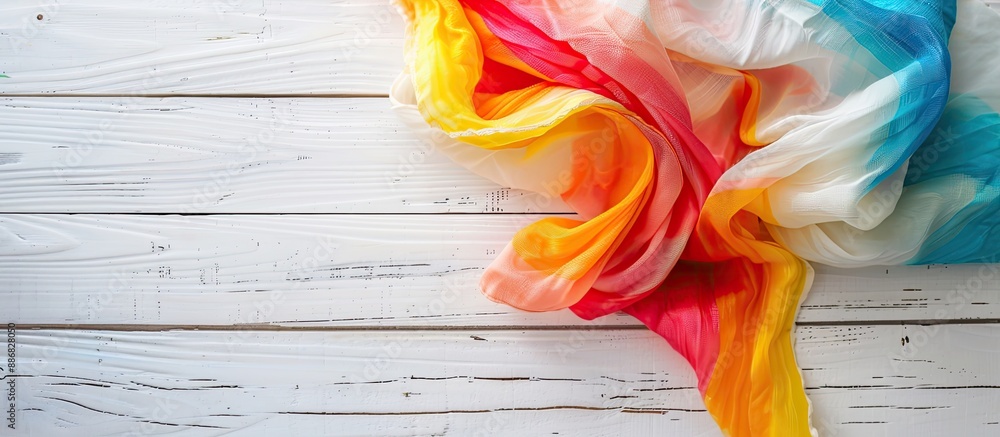 Poster A colorful fabric napkin lies on a white wooden surface, creating a lovely backdrop for any 'copy space image'.