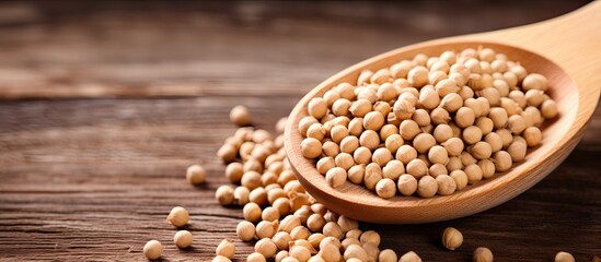 Fototapeta premium A wooden spoon with raw chickpeas in a close-up copy space image.