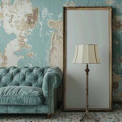 a blank picture leaning against a wall in a retro living room