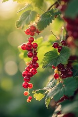 Garden scene of ripe red currant plant with lush green leaves and stems. Close up view of fruiting vine in natural setting. Perfect for foodie, eco, or tech related content.