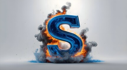 The letter S in 3D, in blue color, it's on fire, there are  fire flames on it, it's burning, there is a lot of smoke around, smooth white background.