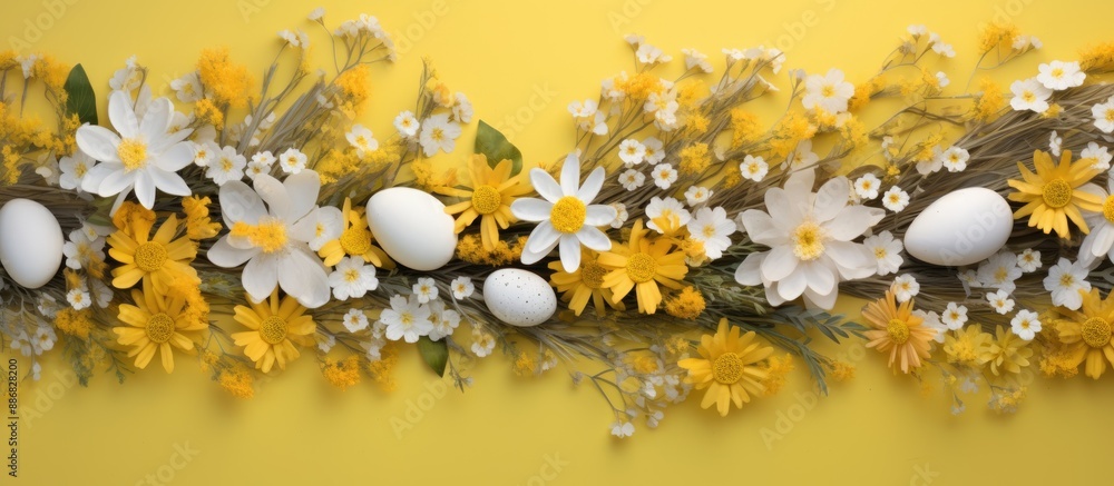 Poster easter-themed backdrop with yellow hues displaying spring blooms, ornate eggs. top-down view allows 