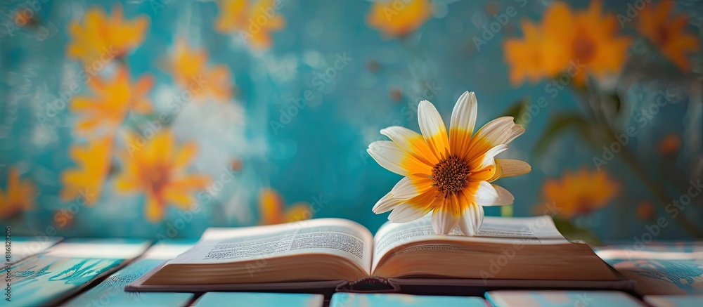 Poster A flower placed on an open book on a light table, set against a book background, creates a back-to-school theme with copy space image.