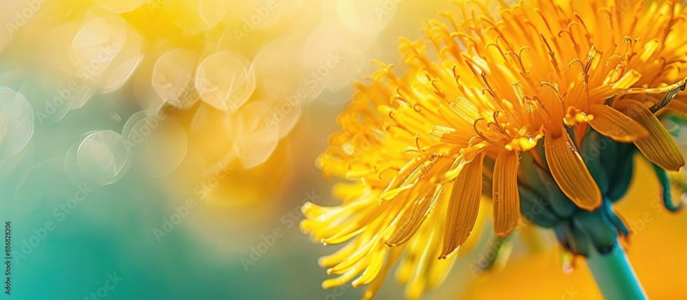 Poster copy space image showcasing a vibrant yellow dandelion in a close-up view.