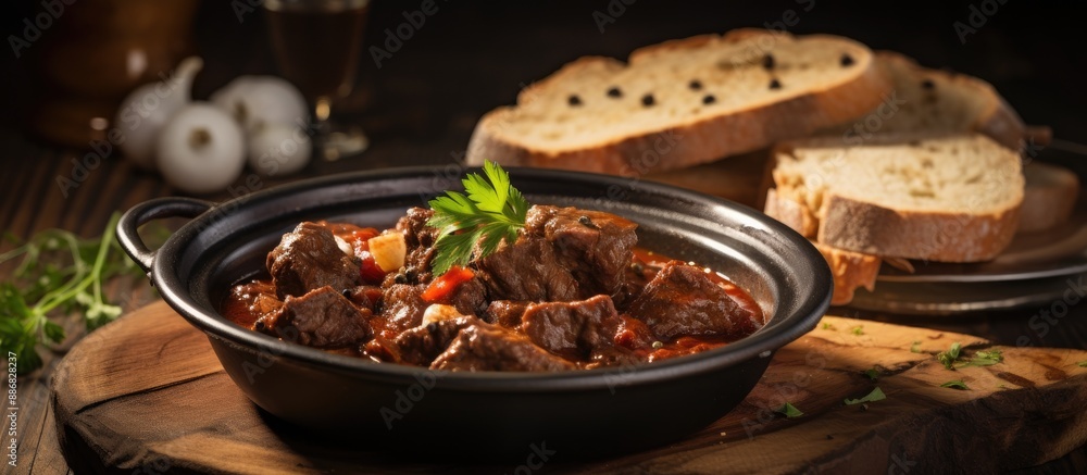 Poster Beef Goulash served with onion and rustic homemade bread, complemented by a visually appealing background to create an enticing copy space image.