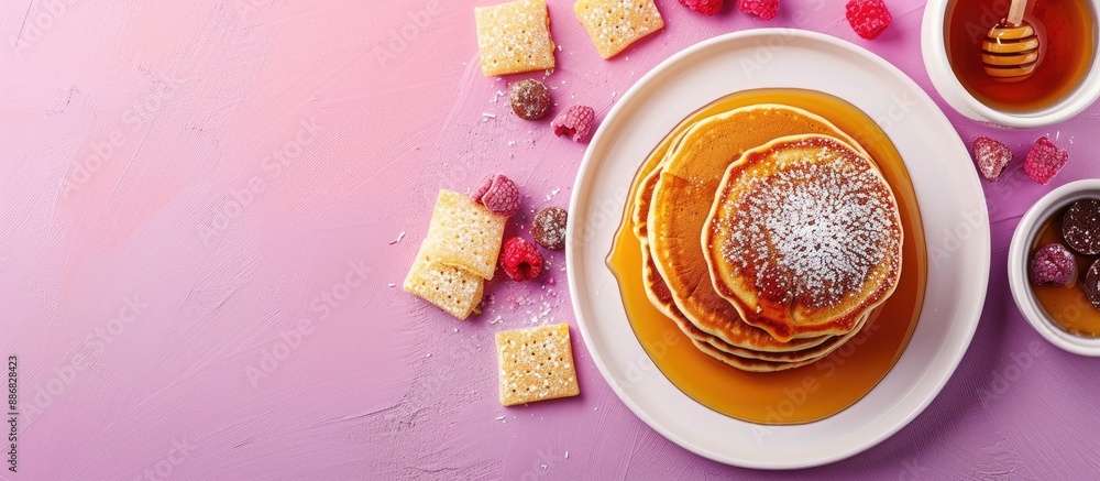 Poster Top-down view of pancakes with honey and sweets presented on a purple backdrop with a blank area ideal for adding text or graphics - copy space image.