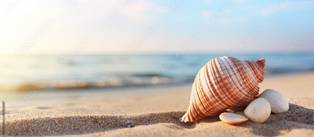 Poster Seashell on the sandy beach background with copy space image.