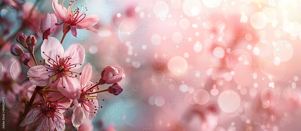 Poster Cherry tree flowers blooming softly in spring, against a blurred bokeh background with copy space image.