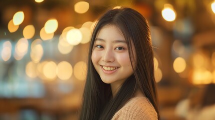 Obraz premium Smiling East Asian Teenage Girl in Warm Ambient Lighting for Social Media, Portrait, Diversity, and Inclusivity Campaigns