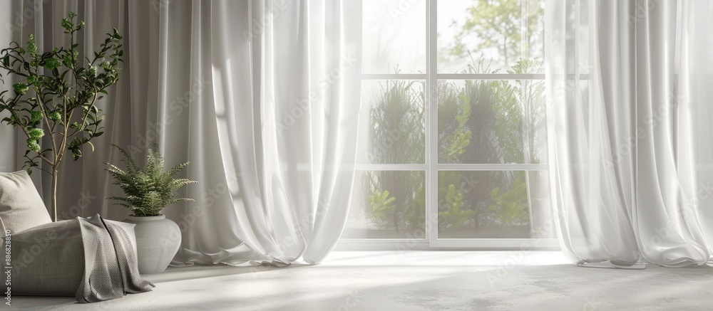 Poster white oil curtain hangs in front of window with a grey curtain on the side, showcasing a delicate an