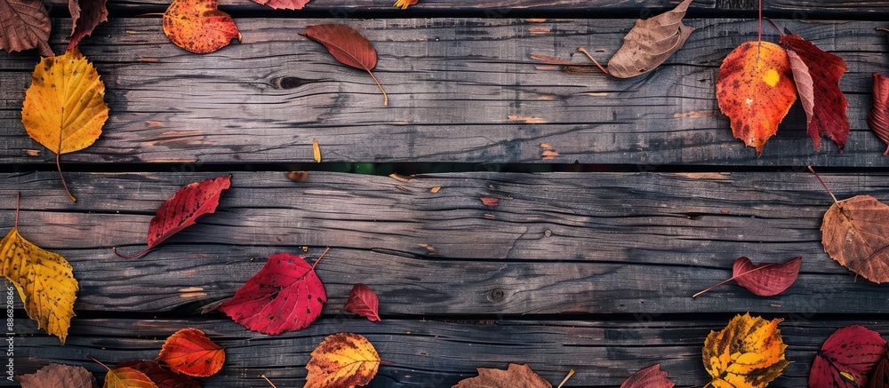 Aufkleber an autumn-themed scene featuring colorful leaves scattered across a vintage wooden table with ample 