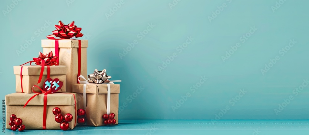 Poster gifts for christmas displayed against a blue backdrop with ample copy space image.