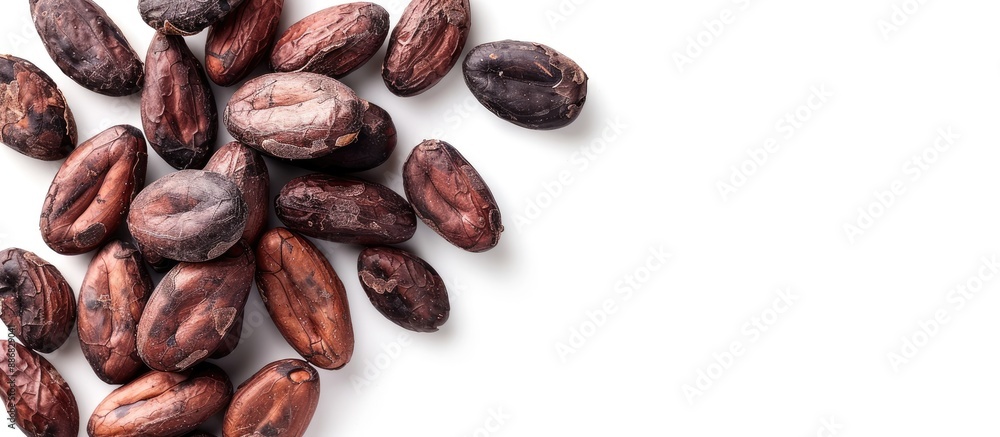 Poster Top view of raw cacao beans isolated on white background with clipping path for copy space image.