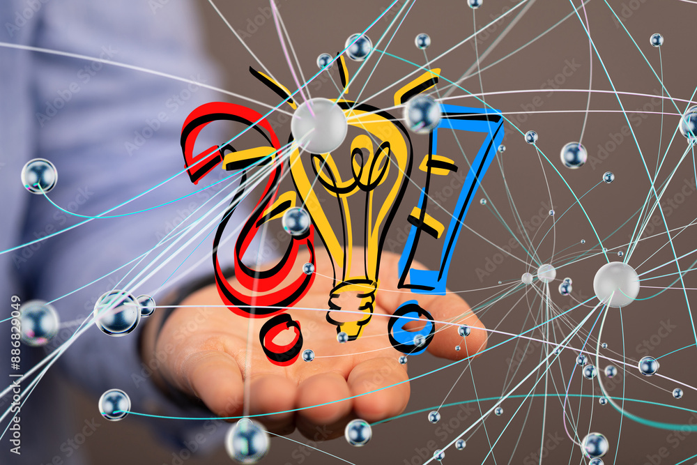 Poster Neural network 3D illustration. Big data and cybersecurity