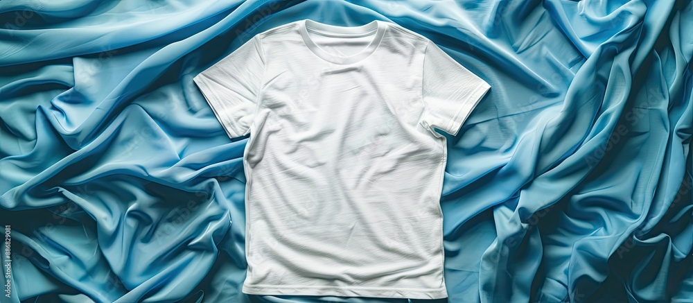 Poster top view of a white t-shirt on a clothes background with an empty copy space image for mock-up purpo