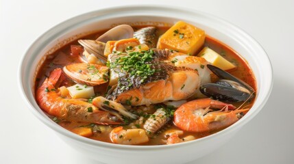 A bowl of soup with shrimp, potatoes, and squash