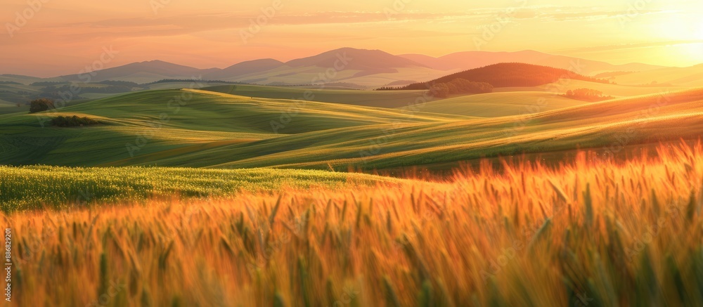 Poster autumn hills with the setting sun reflecting off green wheat fields, creating a picturesque scene wi