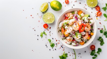 A bowl of shrimp and vegetables with a white background