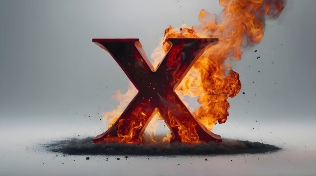 The letter X in 3D, in red color, it's on fire, there are  fire flames on it, it's burning, there is a lot of smoke around, smooth white background.