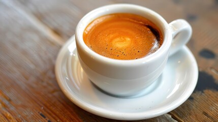 A white coffee cup with a brown swirl on top sits on a wooden table