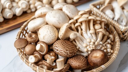 A basket full of mushrooms of various sizes and colors