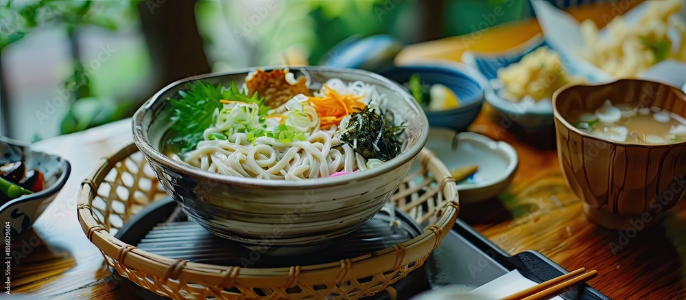 Poster Vividly displayed in the picture is a visually appealing Japanese dish featuring vibrant somen noodles, with ample space for additional content in the image.
