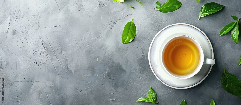 Aufkleber on a gray table, there is a cup of green tea with leaves, providing a perfect area for a text to be 