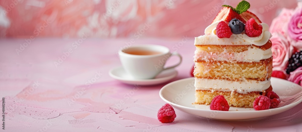 Aufkleber cake on saucer and cup of tea on pastel paper background with copy space image.