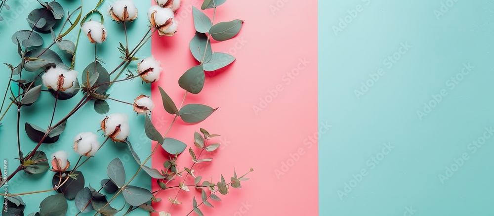 Poster Flat lay composition featuring eucalyptus twigs and cotton flowers on a colorful background with copy space image, creating a floral arrangement.