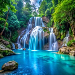 Serene Waterfall Oasis Lush Foliage Encases a Cascading Stream, Waterfalls Photography, Thailand , Tropical , Waterfall , Nature