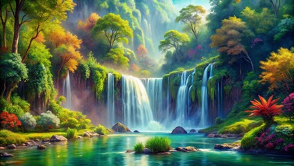Obraz premium Serene Waterfall Oasis Lush Green Forest, Tranquil Water, Sunbeams, Digital Painting, Waterfall, Nature, Landscape