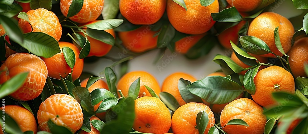 Poster Fresh ripe tangerines create a frame with a background of orange, perfect for a copy space image with citrus fruit.
