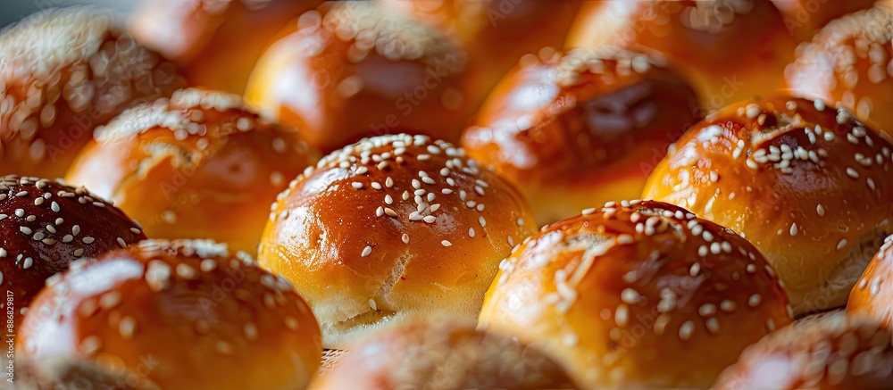 Poster many small buns topped with sesame seeds were displayed in the copy space image.