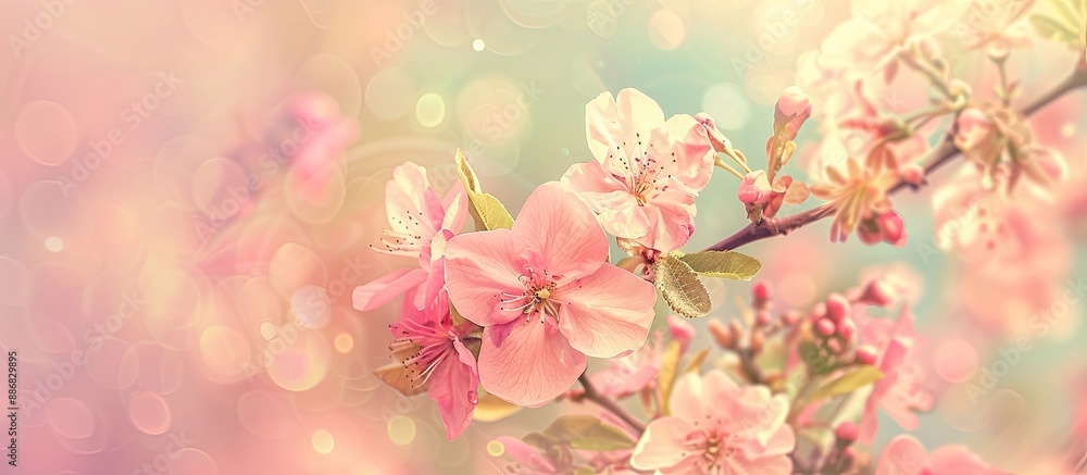 Poster a dreamy romantic spring image: a blooming peach tree branch in soft pink tones against a natural ba
