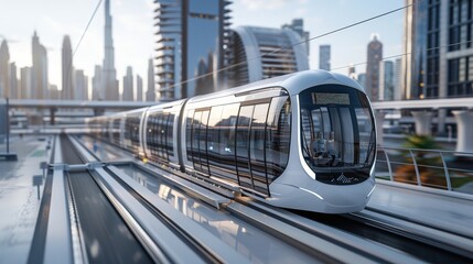 Obraz premium Futuristic Smart City Infrastructure with Advanced Public Transportation Systems Against Cityscape Backdrop
