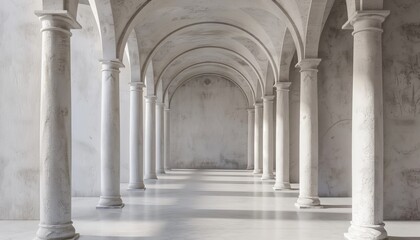 Ultra sharp photo featuring a 3D rendering of an architectural corridor with arch columns inside