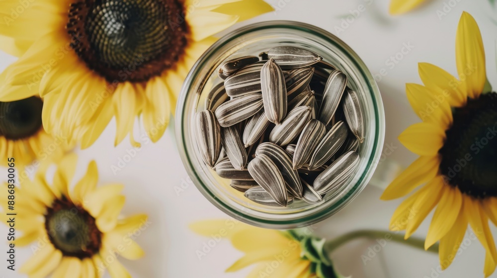 Canvas Prints a jar of sunflower seeds sits on a table next to a vase of sunflowers