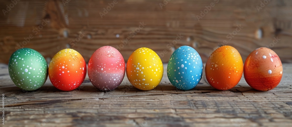 Poster Easter eggs decor in a row on a wooden surface for a festive background with copy space image.