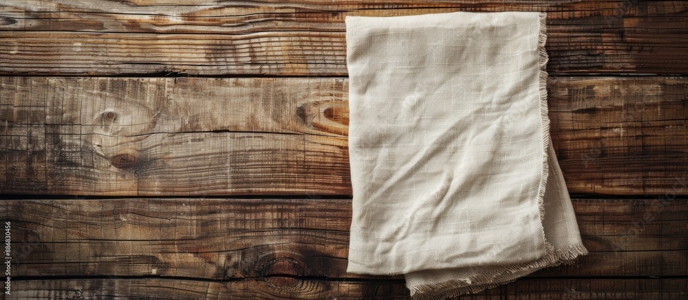 Poster top view mockup with copy space image of a cloth napkin on a rustic wooden table.