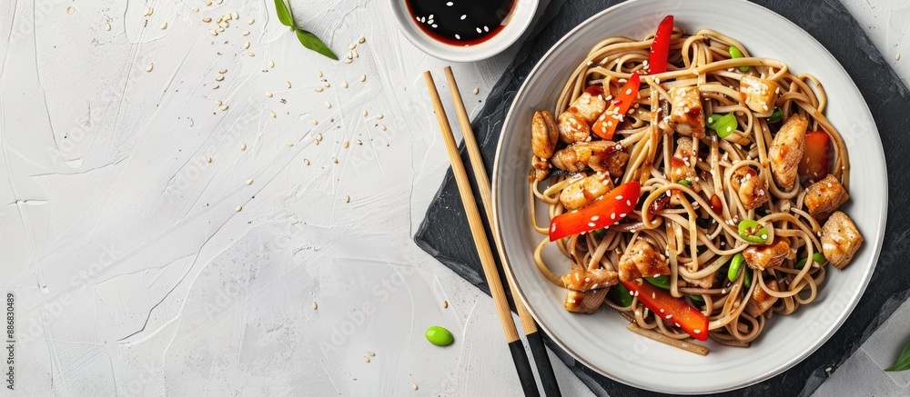 Poster a plate of chicken and vegetable soba noodles sits on a stand with soy sauce and sesame seeds, next 