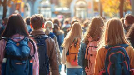 Students going to school, entering college, high school or university. Rear view of young people with backpacks. Back to school concept.