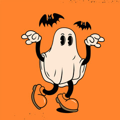 Spooky Ghost and bats. Halloween concept. Hand drawn modern Vector illustration. Isolated design element. Cute creepy, scary, funny character. Cartoon retro style. Logo, print, design template