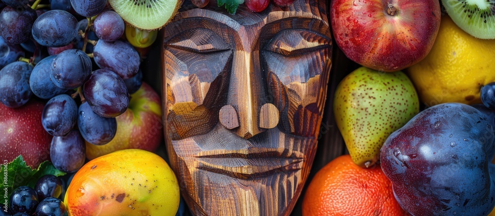 Poster an artistic display of a wooden sculpture shaped like a face with a vibrant selection of colorful fr
