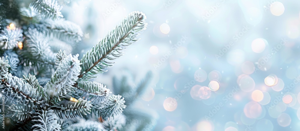 Aufkleber snow-covered christmas tree branches with a blurred background, providing copy space image.
