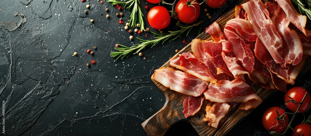 Poster Fresh bacon slices on a rustic table as a delicious appetizer with copy space image for food background, ideal for meals or snacks, giving a top view perspective.