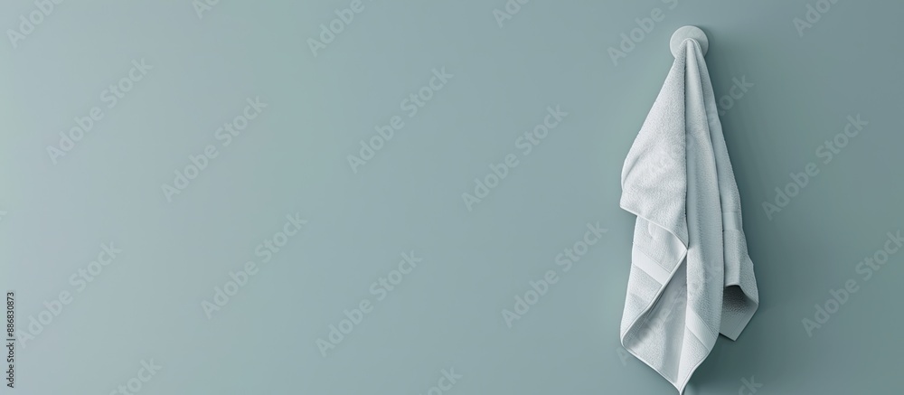 Poster a white towel hangs on the bathroom door with a blank area available for displaying an image.