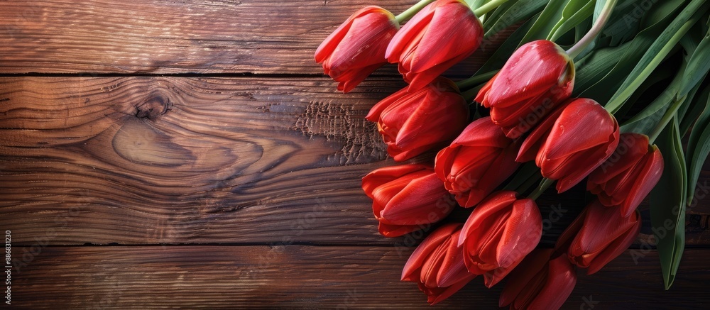Poster a vibrant bunch of red tulips displayed on a wooden table, creating a charming background for a copy