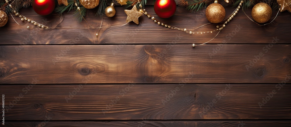 Poster top view of christmas decorations on a wooden background with a copy space image.