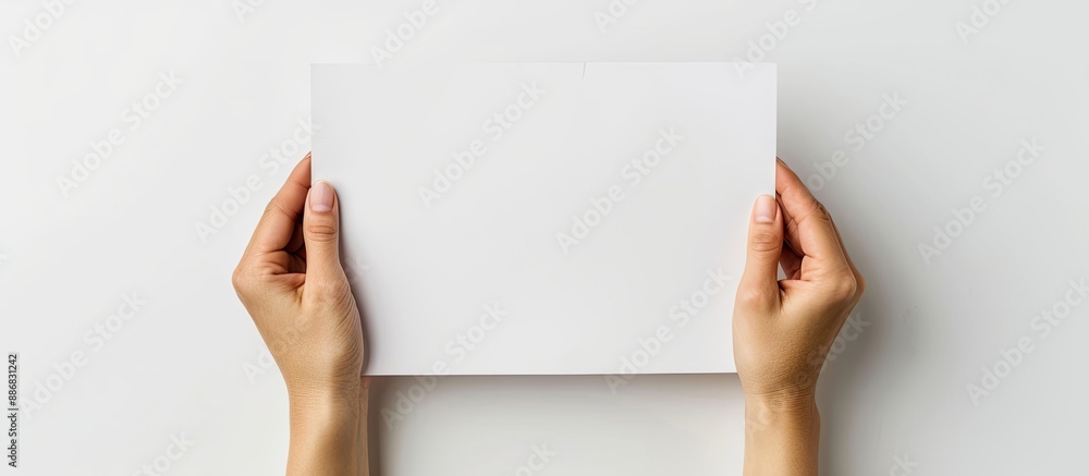 Poster Hands clasping an empty paper with room for text, on a white background for a copy space image.