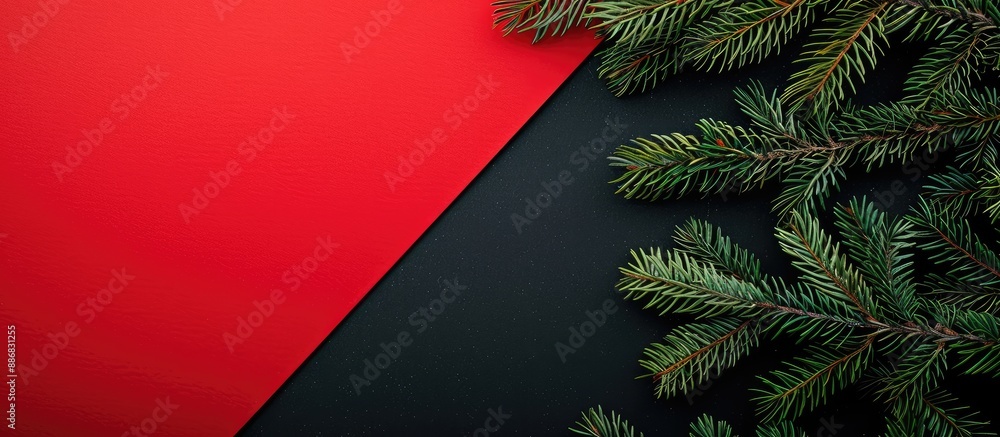 Poster Christmas background concept with a top view of Christmas spruce branches on a red and black background, suitable for copy space image.